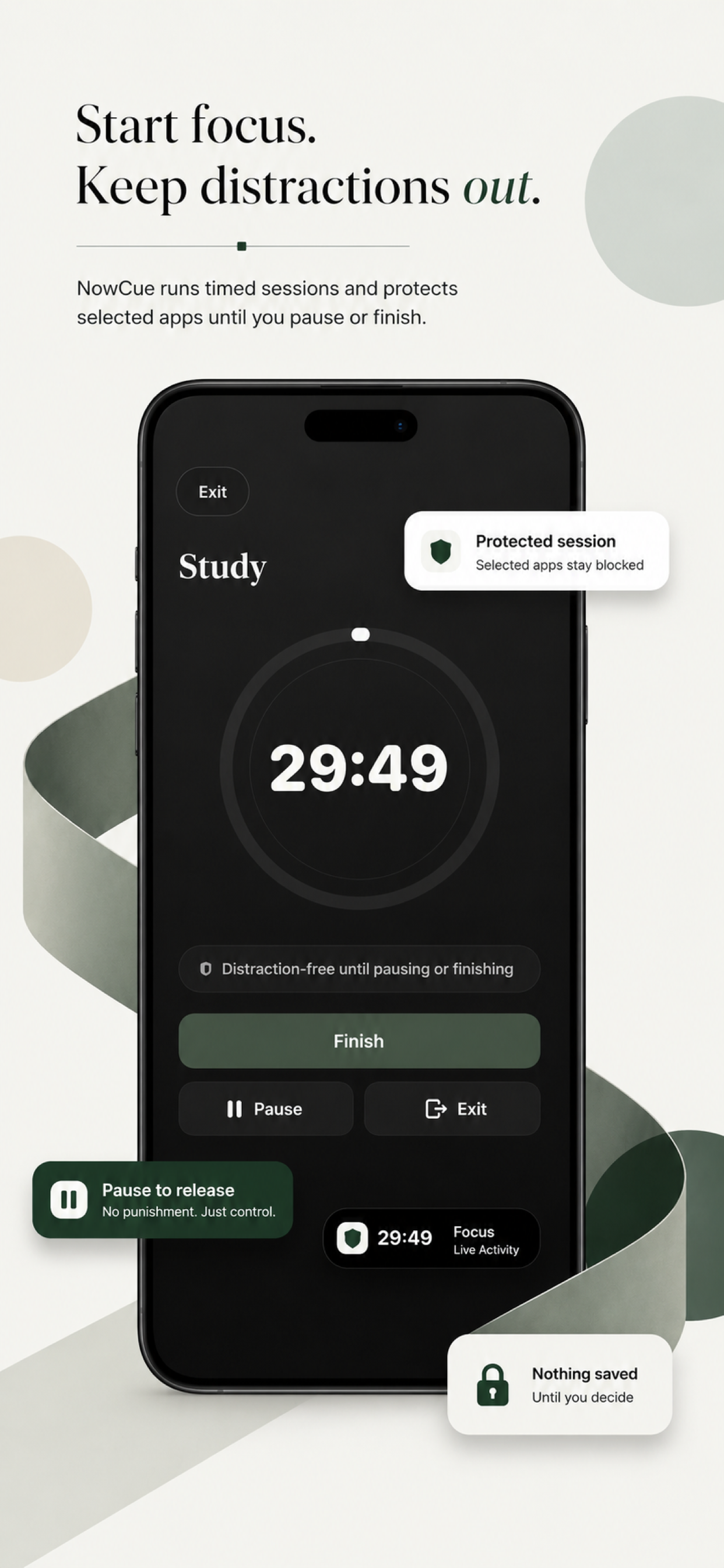 NowCue — Start focus sessions and block distracting apps