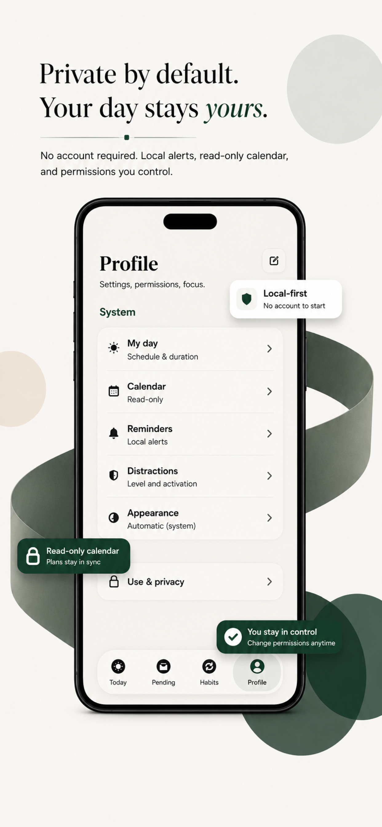 NowCue — Private by default: local-first, no account needed