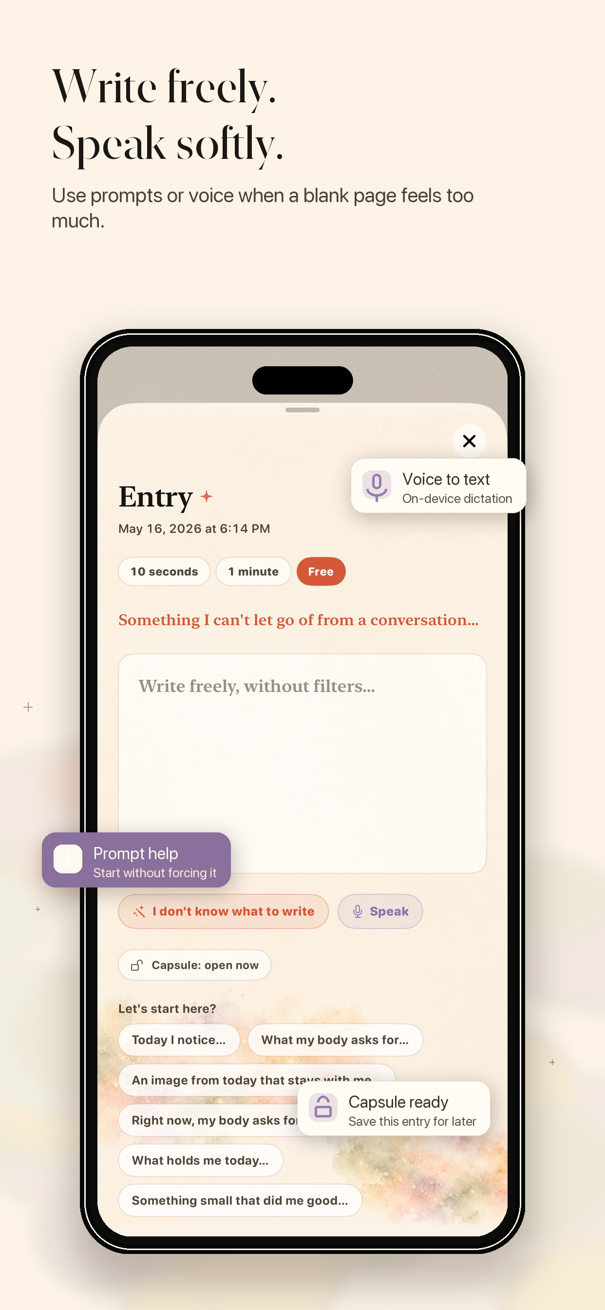 Softly — Write freely, with voice or guided prompts